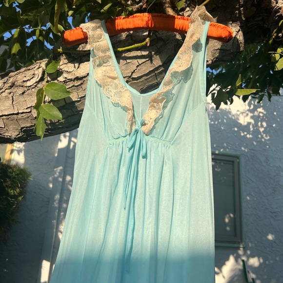 Vtg Baby Blue V-Neck Sleeveless Slip Dress with Floral Lace Neckline | Small - Picture 3 of 17